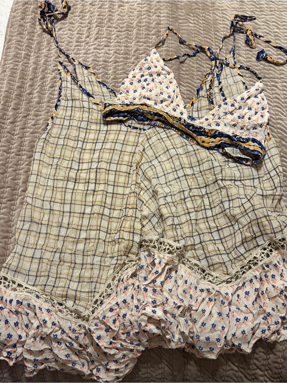 Free People Cream and Blue Floral Plaid Mini Dress